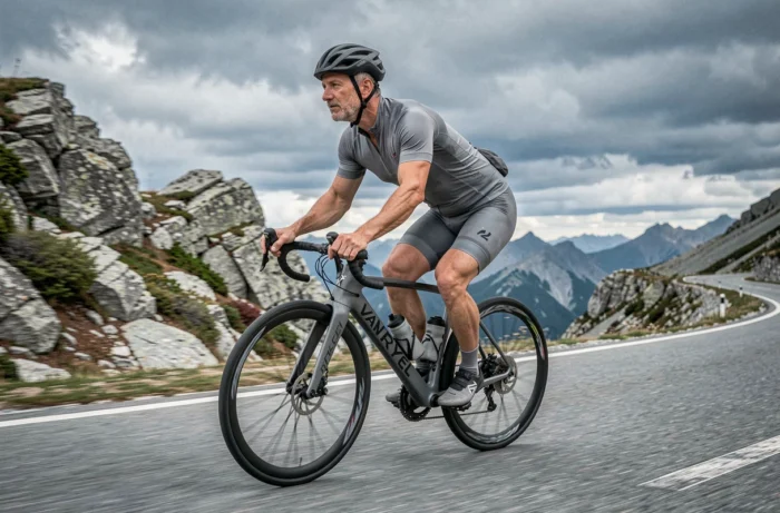 Cycliste en position aérodynamique sur le Van Rysel RCR Pro lors d'une montée en col de montagne