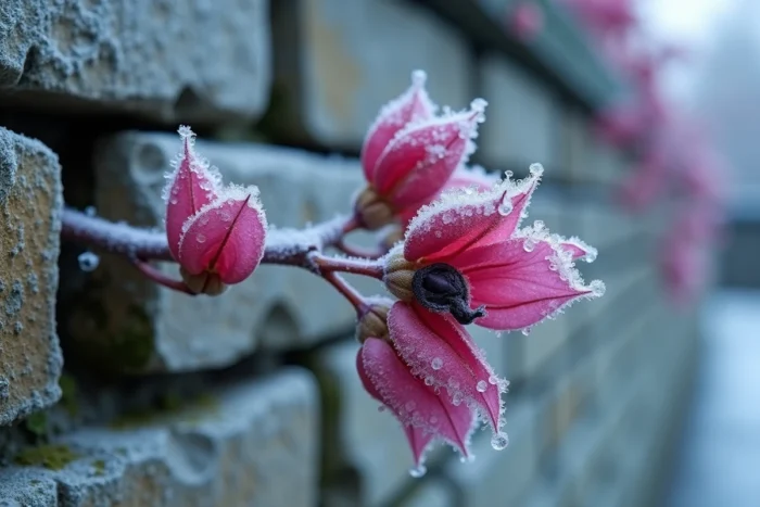 Détail de dégâts du gel sur les bractées d'un bougainvillier avec cristaux de givre sur un mur en pierre