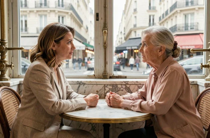 Deux femmes françaises élégantes dans un café parisien discutant d'un secret de famille lié à Julie Andrieu et Nicole Courcel
