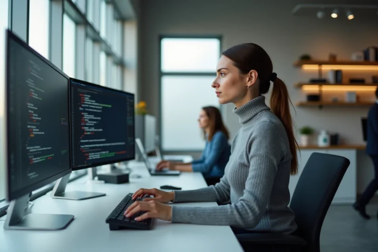 Développeuse informatique analysant du code sur un écran ultrawide dans un bureau moderne aux murs en béton