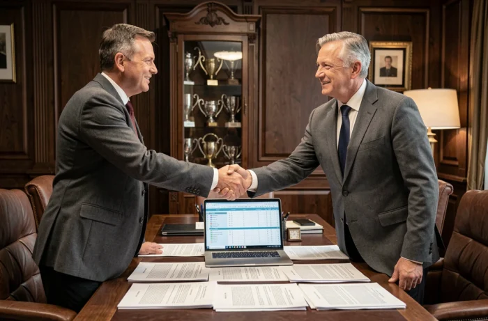 Deux dirigeants du monde du football signant un contrat de joueur professionnel dans un bureau exécutif