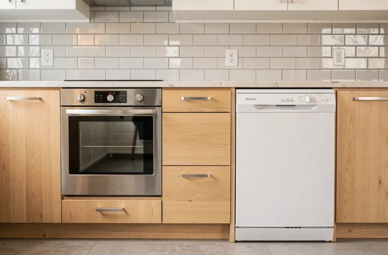Cuisine moderne avec four encastré et lave-vaisselle séparés par un meuble tiroir respectant la distance idéale