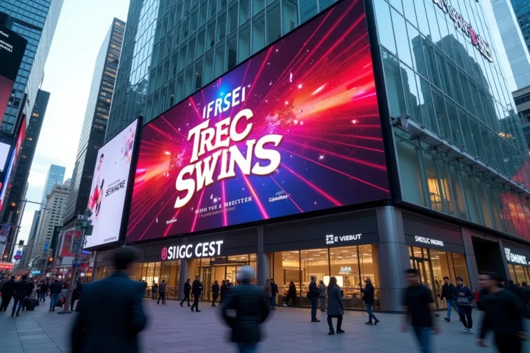 Écran géant LED sur façade d'immeuble commercial en centre-ville affichant une publicité digitale en couleurs vives