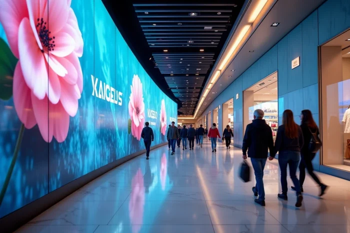 Grand écran LED incurvé dans un centre commercial moderne diffusant des publicités digitales devant des passants