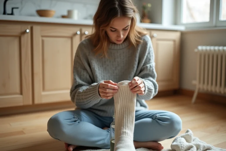 Femme étirant une chaussette en laine sur un bocal en verre pour l'élargir, assise sur un parquet en bois dans une cuisine moderne