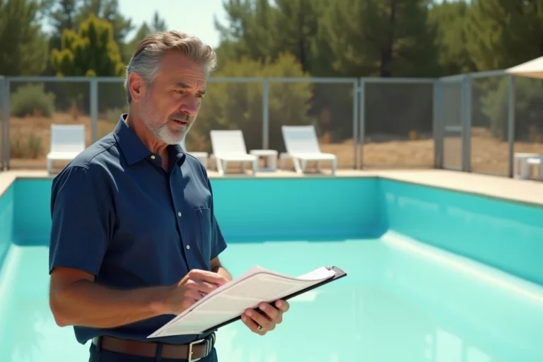 Élu municipal examinant des documents au bord d'une piscine publique vide pendant les restrictions d'eau en France