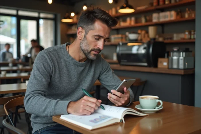 Entrepreneur masculin concentré sur sa stratégie d'entreprise dans un café urbain moderne avec carnet et smartphone