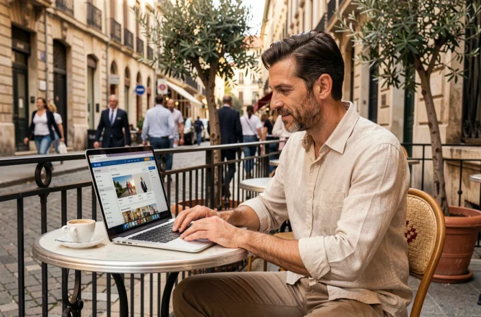 Entrepreneur indépendant travaillant sur sa stratégie marketing en ligne depuis une terrasse de café urbain