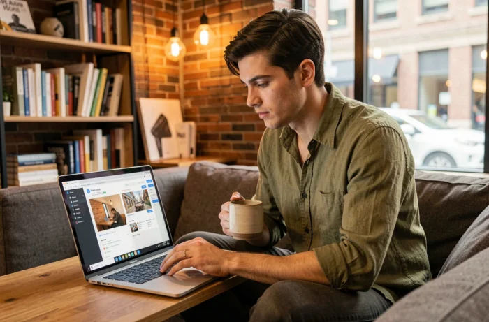 Jeune entrepreneur travaillant sur sa stratégie de présence en ligne depuis un espace de co-working avec un ordinateur portable