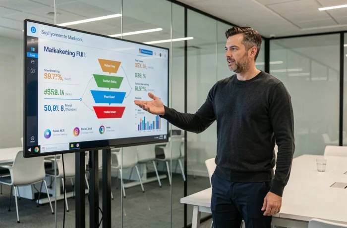 Entrepreneur présentant une stratégie de marketing digital pour accélérer la croissance business devant un écran interactif
