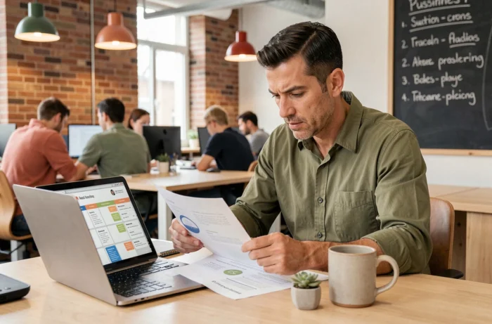 Entrepreneur concentré révisant une stratégie marketing imprimée avec un ordinateur portable dans un espace de coworking moderne