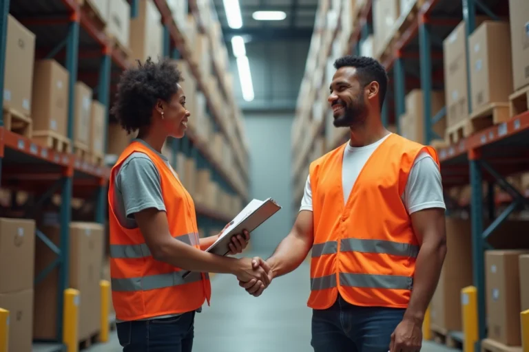 Candidat serrant la main d'un responsable entrepôt Amazon lors d'un entretien de recrutement pour préparateur de commande