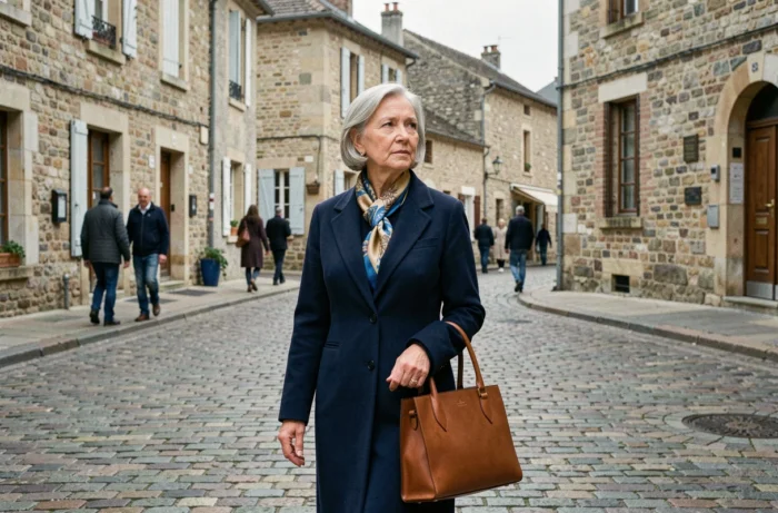 Femme distinguée en manteau marine se promenant dans un village français pittoresque, illustrant la vie discrète de l'épouse d'une personnalité du football