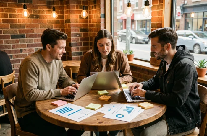 Équipe de jeunes professionnels collaborant sur une stratégie de croissance digitale dans un café moderne