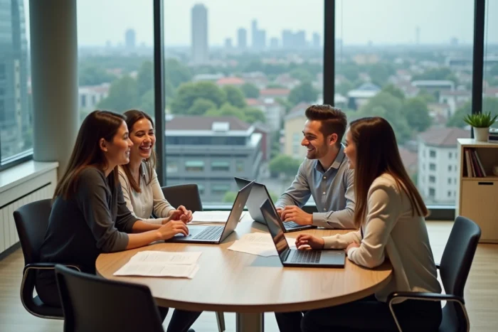 Équipe de jeunes entrepreneurs collaborant autour d'une table dans un bureau de startup moderne avec vue sur la ville