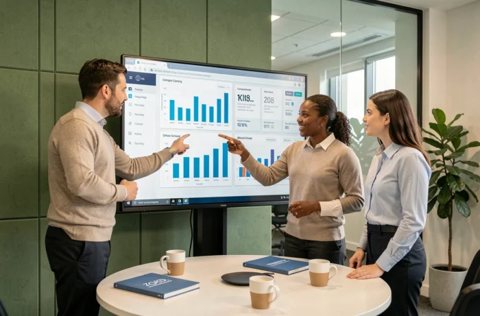 Équipe marketing analysant des tableaux de bord de performance et des indicateurs KPI sur un écran interactif en salle de réunion