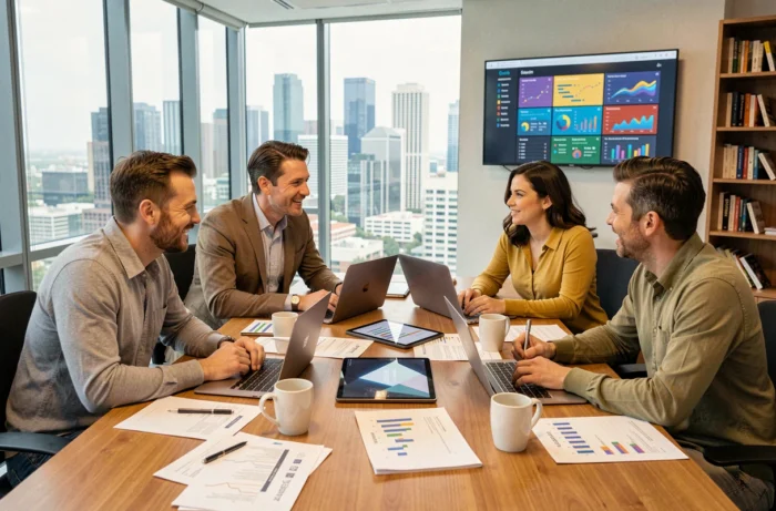 Équipe de professionnels en réunion analysant des données de marketing digital autour d'une table de conférence