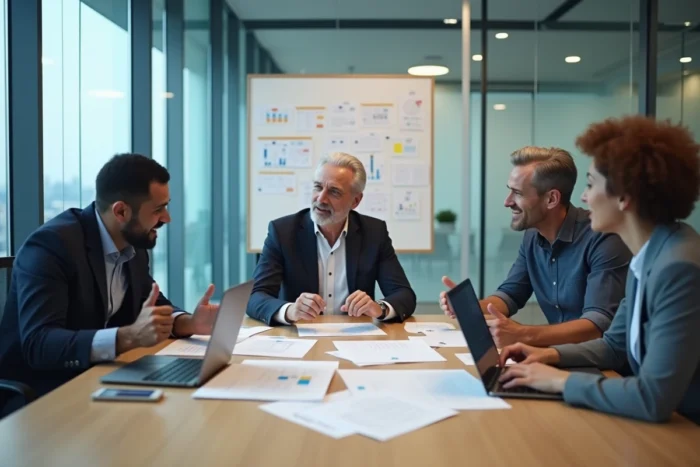 Équipe professionnelle en réunion autour d'un projet d'informatique sur mesure pour améliorer la performance globale de l'entreprise