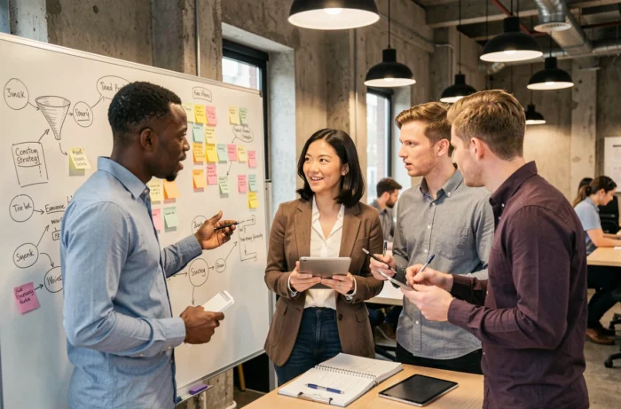 Équipe marketing collaborative développant une stratégie de croissance en ligne sur un tableau blanc en espace de coworking