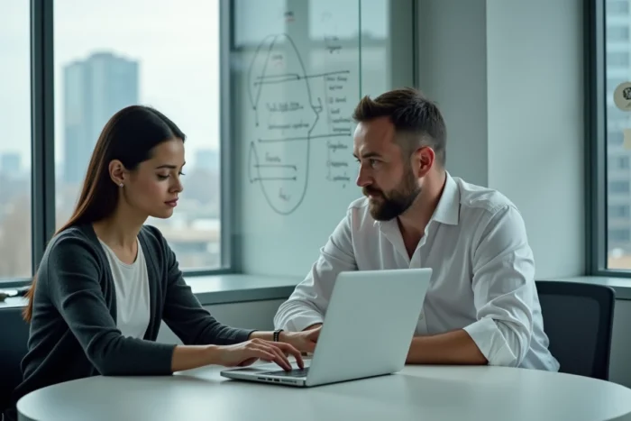 Deux professionnels IT collaborant pour résoudre une erreur de connexion sur un logiciel en salle de réunion