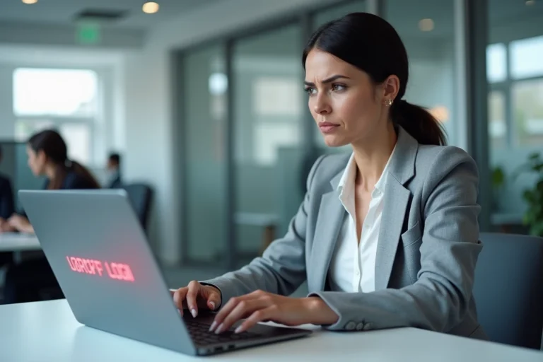 Femme en blazer gris consultant un message d'erreur de connexion sur un ordinateur portable dans un bureau moderne