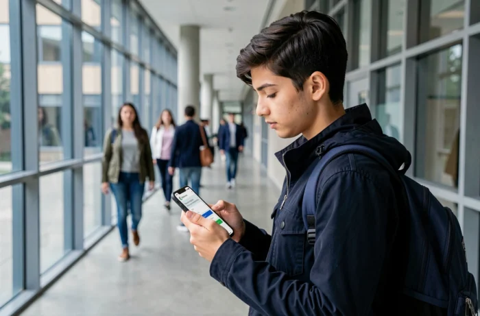 Étudiant consultant le portail MyCampus Eduservices sur son smartphone dans un couloir de campus universitaire moderne