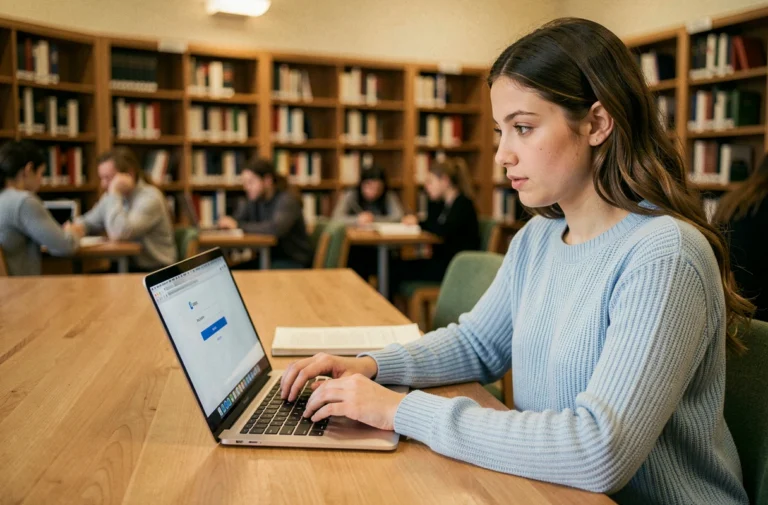 Étudiante connectée à un portail de connexion universitaire MyCampus sur son ordinateur portable dans une bibliothèque académique