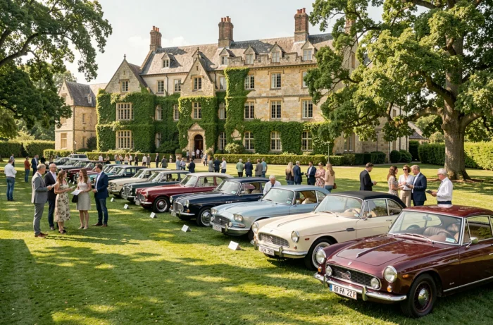 Exposition de voitures de collection en plein air dans un domaine de campagne avec visiteurs admirant des véhicules anciens des années 30 aux années 70