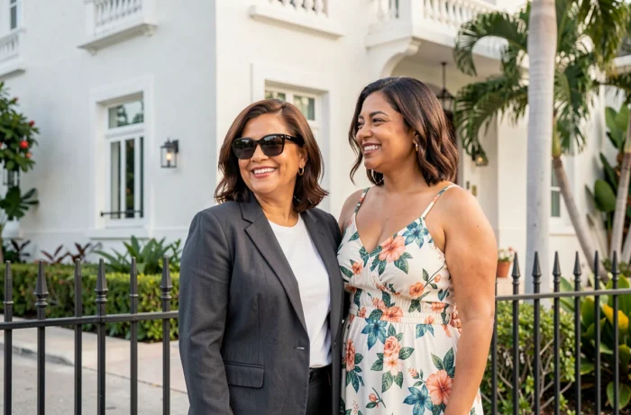 Deux femmes de la famille Barroso photographiées en extérieur devant une architecture de style Miami