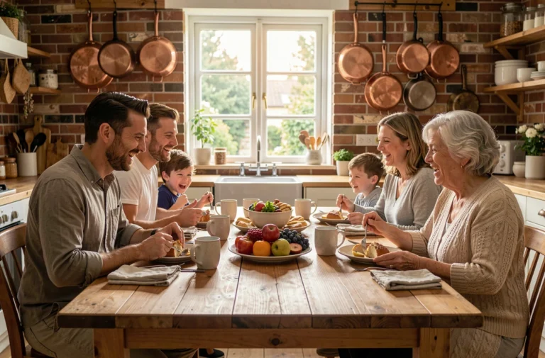Famille multigénérationnelle autour d'un petit-déjeuner convivial dans une cuisine chaleureuse