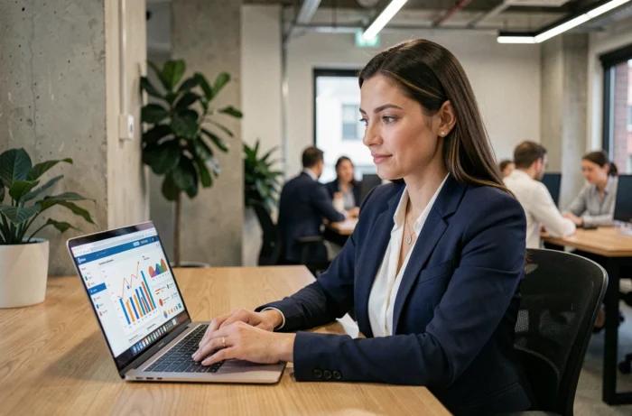 Femme d'affaires analysant des tableaux de bord numériques pour booster la croissance de son entreprise en 2024
