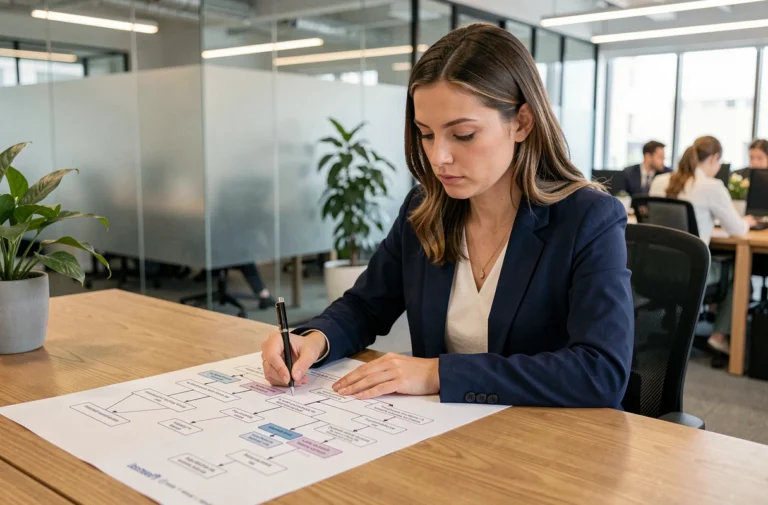 Femme professionnelle analysant un plan de site structuré sur un bureau en bois dans un bureau moderne