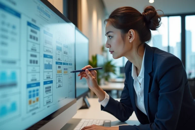 Femme professionnelle analysant une page sitemap sur un écran d'ordinateur dans un bureau moderne