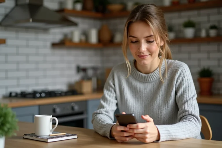 Femme consultant un annuaire inversé portable sur son smartphone dans une cuisine