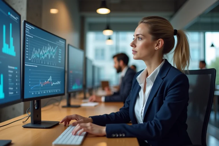 Femme cadre utilisant un logiciel informatique sur mesure pour analyser les performances de son entreprise sur deux écrans incurvés dans un bureau moderne