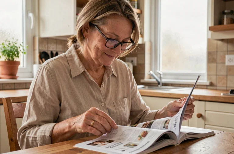 Femme feuilletant un catalogue papier vintage dans une cuisine chaleureuse, illustrant la nostalgie du catalogue imprimé