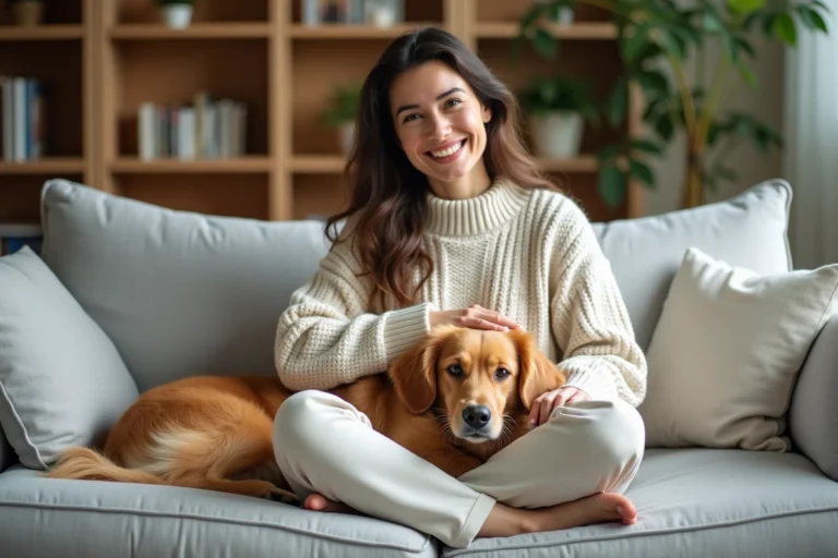 Femme souriante avec son golden retriever sur un canapé gris, illustrant le lien entre propriétaire et animal de compagnie pour une mutuelle animale