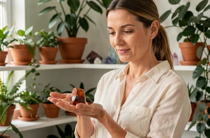 Femme tenant une pierre de cornaline orange dans sa paume ouverte dans un studio botanique lumineux