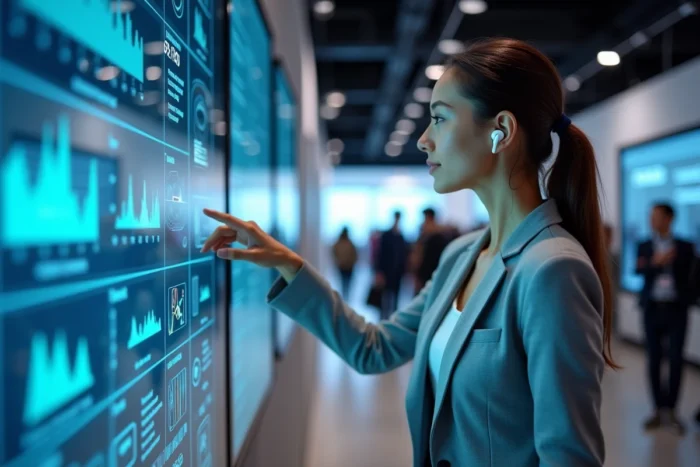 Femme interagissant avec un écran tactile interactif lors d'une exposition technologique