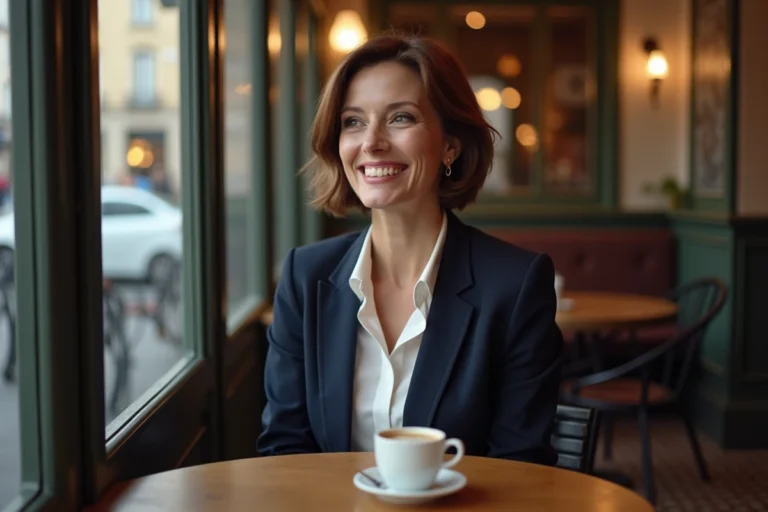 Femme élégante aux cheveux courts dans un café parisien, souriant chaleureusement, illustrant la vie sentimentale et la personnalité d'Isabelle Lasserre