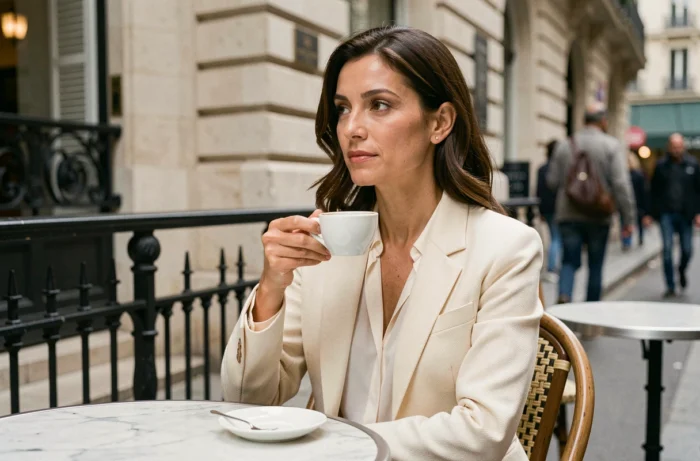 Femme élégante assise seule en terrasse parisienne, réfléchissant à son mariage dans une atmosphère intime et urbaine