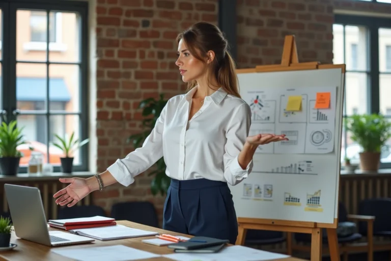 Femme entrepreneur confiante dans un espace de co-working moderne, présentant un plan d'affaires sur un tableau blanc