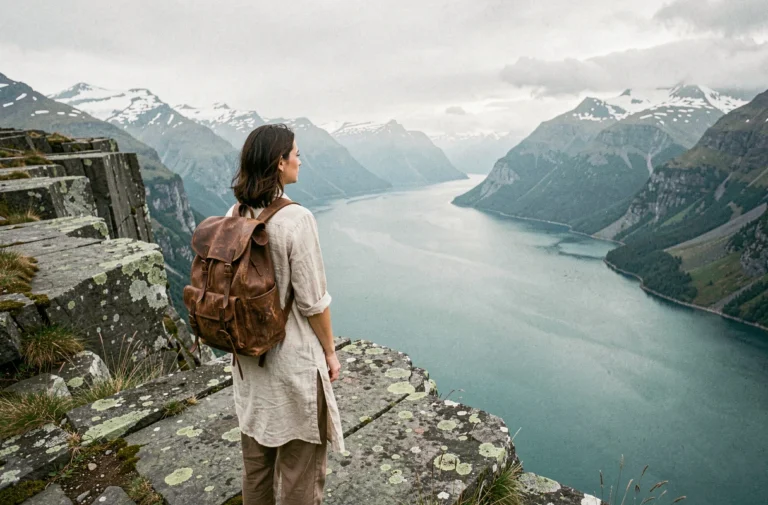 Femme avec sac à dos contemplant un fjord depuis une falaise rocheuse lors d'un voyage d'aventure extraordinaire