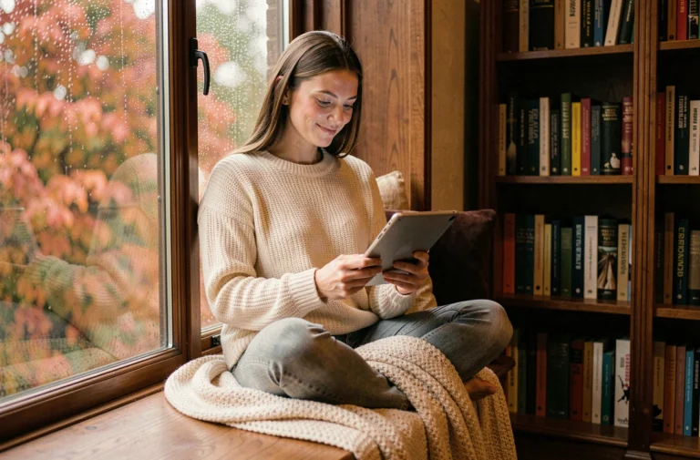 Femme lisant sur une tablette dans une bibliothèque personnelle chaleureuse avec des étagères remplies de livres