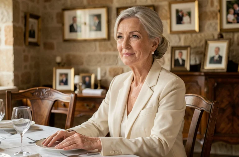 Femme élégante aux cheveux argentés assise dans une maison de campagne française raffinée, évoquant la vie privée et la discrétion d'une épouse célèbre