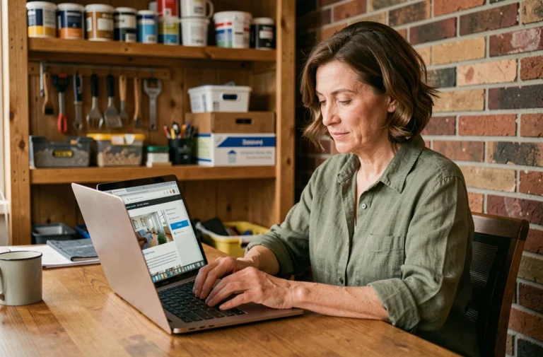 Femme naviguant sur un site de bricolage via le plan du site sur son ordinateur portable dans un bureau à domicile