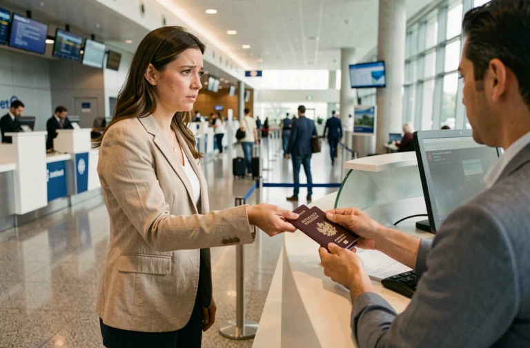 Femme présentant deux passeports au comptoir d'enregistrement d'un aéroport pour éviter un refus d'embarquement lié à un changement de nom après mariage