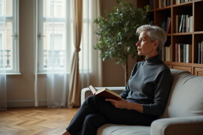 Femme pensive assise dans un appartement parisien moderne avec un livre sur les genoux, évoquant la personnalité réfléchie et la vie intime d'Isabelle Lasserre