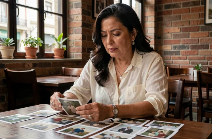 Femme d'origine latine consultant des photos de famille dans un café chaleureux, ambiance nostalgique