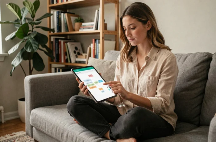 Jeune femme consultant un plan de site numérique sur tablette dans un espace de travail à domicile